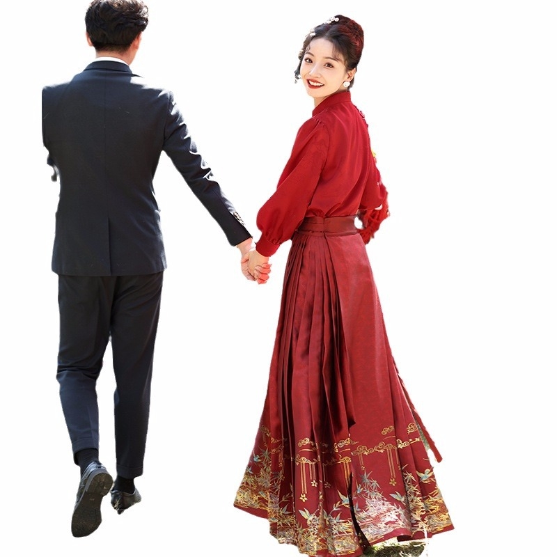 Crvena svadbena cheongsam haljina s Mamian suknjom, visok struk, dugi lampionski rukavi, duga suknja, poliester