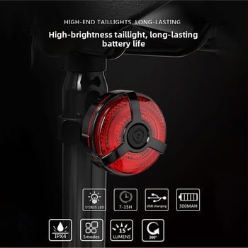 Zadné svetlo na bicykel s USB nabíjaním, upevnenie páskami, 400 mAh batéria, Micro-USB nabíjanie, nočné jazdy