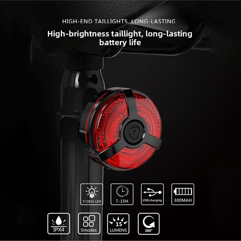 Zadné svetlo na bicykel s USB nabíjaním, upevnenie páskami, 400 mAh batéria, Micro-USB nabíjanie, nočné jazdy