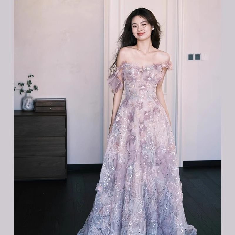 Rochie de mireasă de seară (poliester; talie înaltă; fără mâneci; fustă lungă)