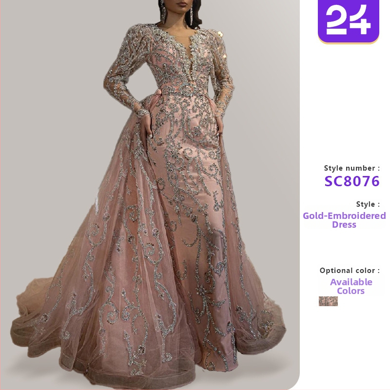 Mežģīņu vakartērps ar garām piedurknēm, augsta vidukļa līnija, princeses silueta svārki, garas kleitas, 80–90% poliestera maisījums