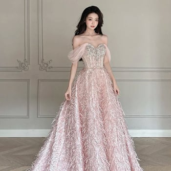 Rochie de seară franțuzească, colecție nouă 2025, decolteu pe umăr, mâneci scurte, stil prințesă cu tul