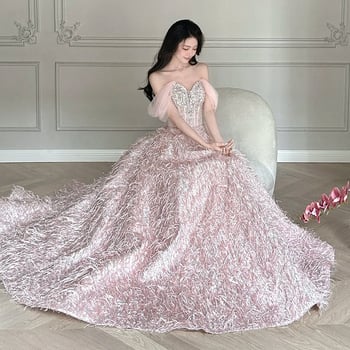 Rochie de seară franțuzească, colecție nouă 2025, decolteu pe umăr, mâneci scurte, stil prințesă cu tul