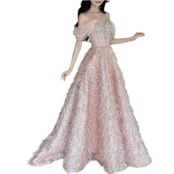 Rochie de seară franțuzească, colecție nouă 2025, decolteu pe umăr, mâneci scurte, stil prințesă cu tul