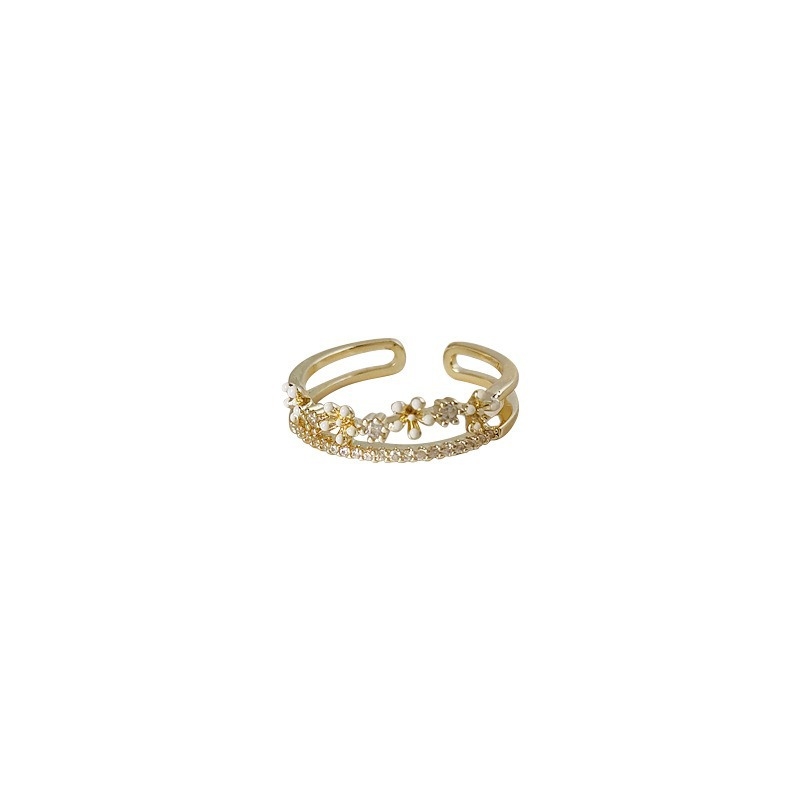 Prsten — cvijet s mikro-ugrađenim cirkonijem, dvostruki sloj dizajn, bakar, Jade House Inc od 1973., geometrijski stil, elektroplatiranje
