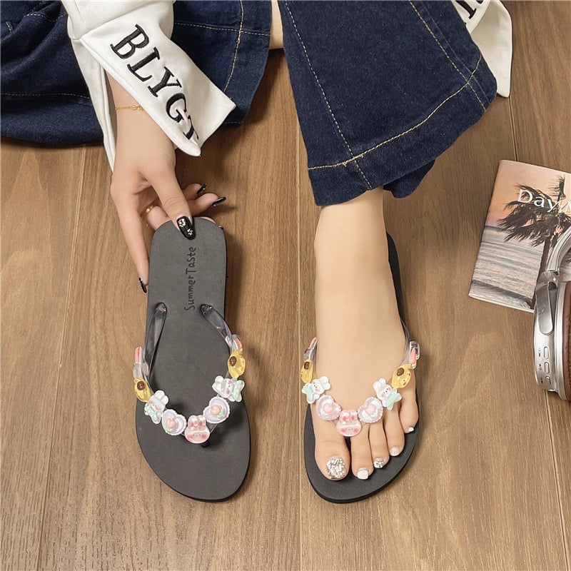 Női flip-flop nyárra, PVC felsőrész, talp habgumiból, lélegző, csúszásmentes, átlátszó virágos mintázat, strandoláshoz