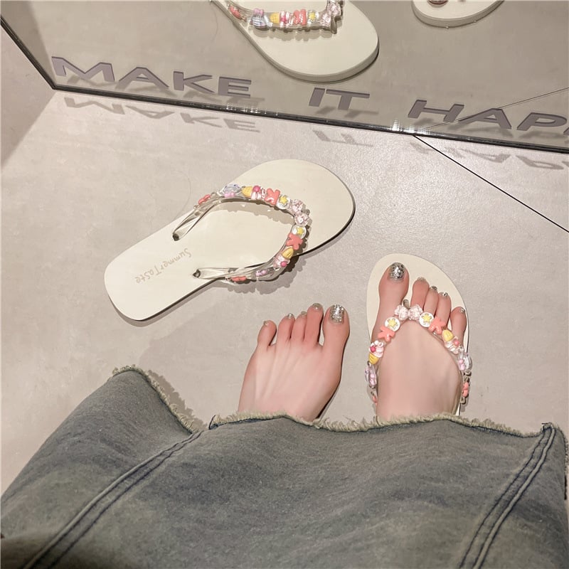 Női flip-flop nyárra, PVC felsőrész, talp habgumiból, lélegző, csúszásmentes, átlátszó virágos mintázat, strandoláshoz