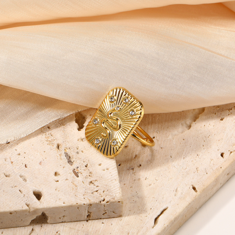 Nerezový prsteň so zirkónovou vložkou, nastaviteľný otvorený prsteň, 18K povrchová úprava, geometrický a zvierací motív