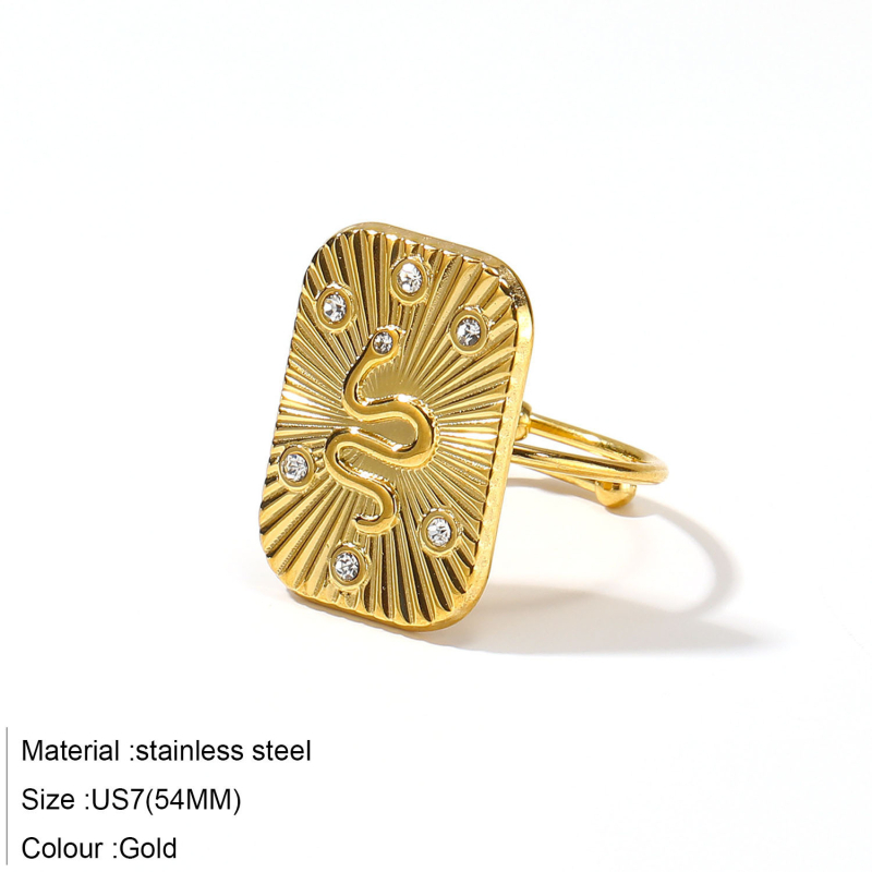 Nerezový prsteň so zirkónovou vložkou, nastaviteľný otvorený prsteň, 18K povrchová úprava, geometrický a zvierací motív