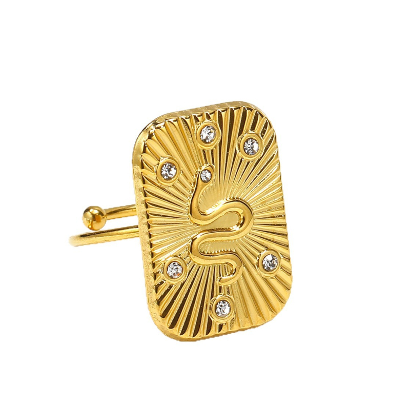 Nerezový prsteň so zirkónovou vložkou, nastaviteľný otvorený prsteň, 18K povrchová úprava, geometrický a zvierací motív