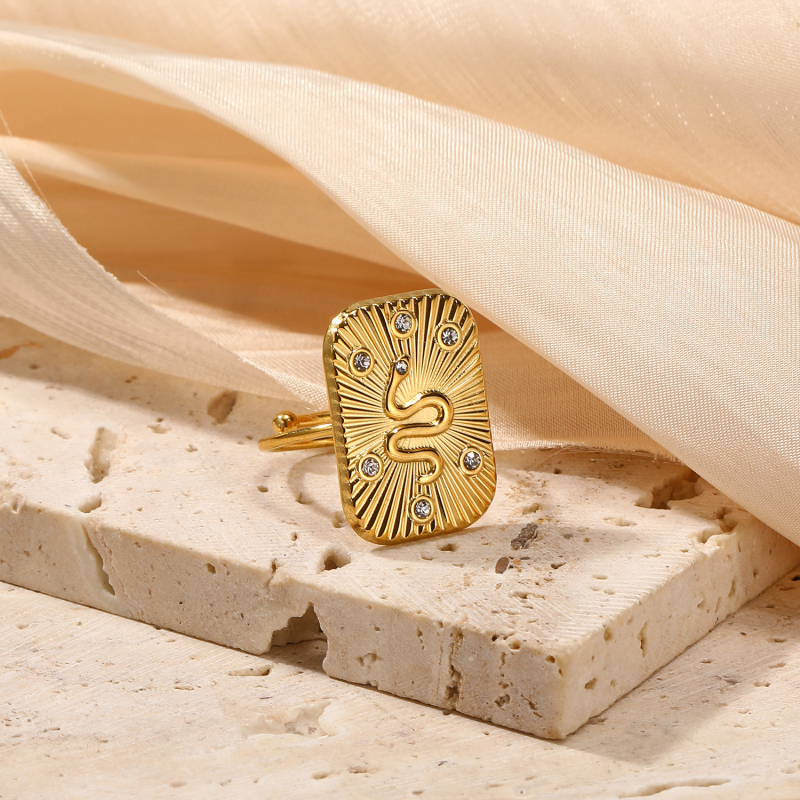 Nerezový prsteň so zirkónovou vložkou, nastaviteľný otvorený prsteň, 18K povrchová úprava, geometrický a zvierací motív