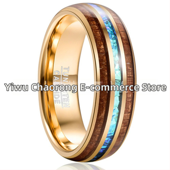 Pánsky prsteň z wolframovej ocele s pozlátením, s inštalovaným akáciovým drevom a imitáciou opálu, kupolovitý tvar, dizajn v tvare U