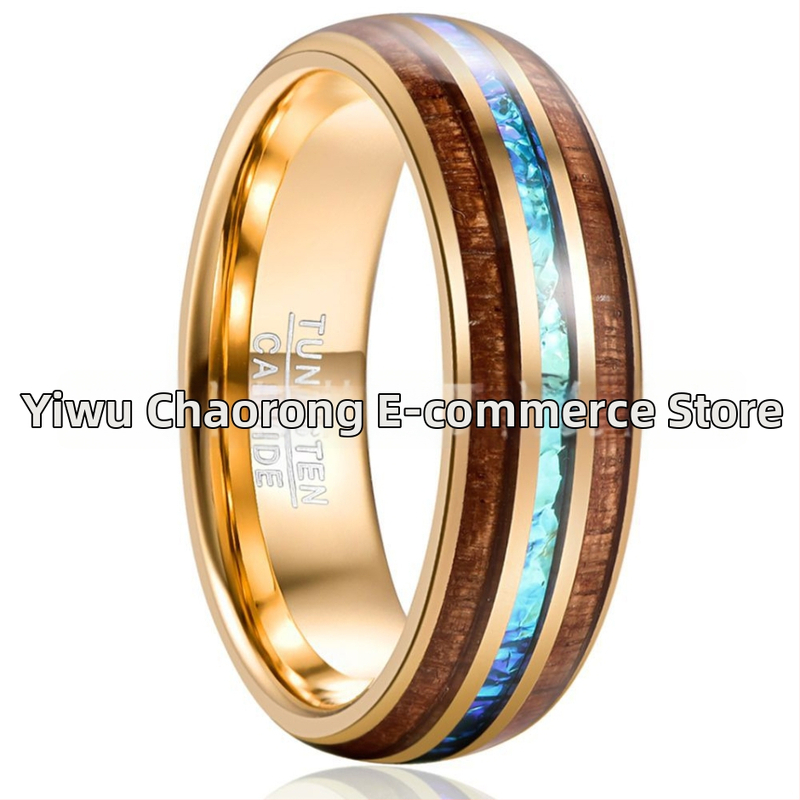 Pánsky prsteň z wolframovej ocele s pozlátením, s inštalovaným akáciovým drevom a imitáciou opálu, kupolovitý tvar, dizajn v tvare U