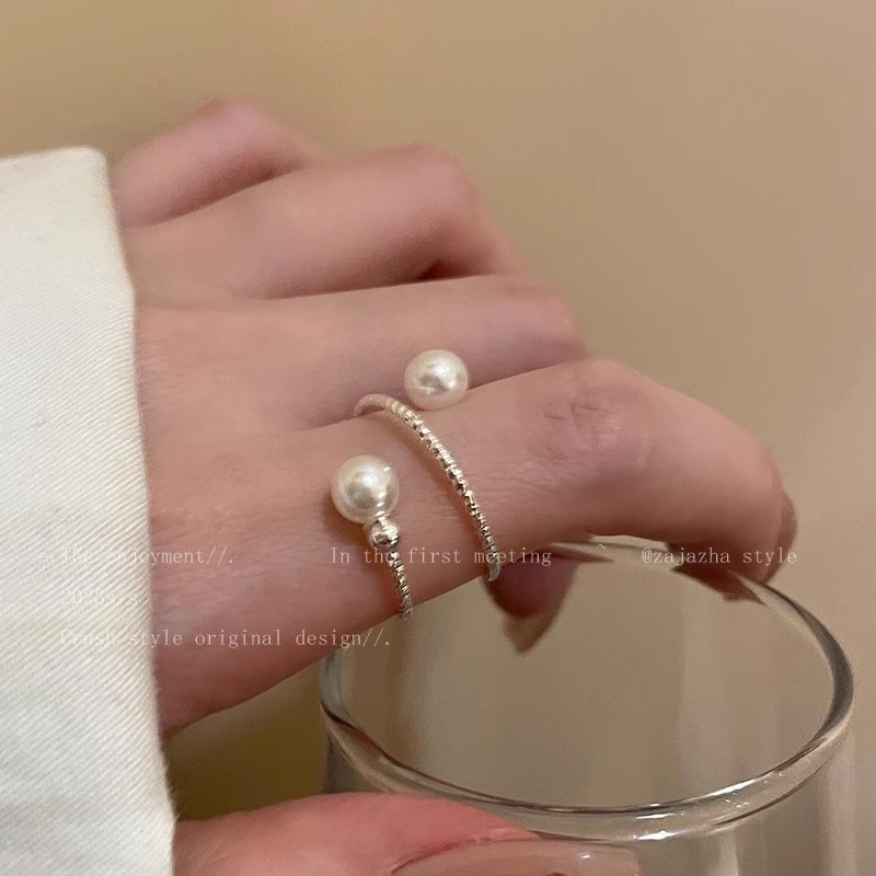 Višeslojni prsten s umjetnim perlama — geometrijski dizajn, podesivi otvoreni prsten (Materijal: umjetne perle; Brand: Korean jue; Stil: Geometrijski; Obrada: elektroplatiranje)