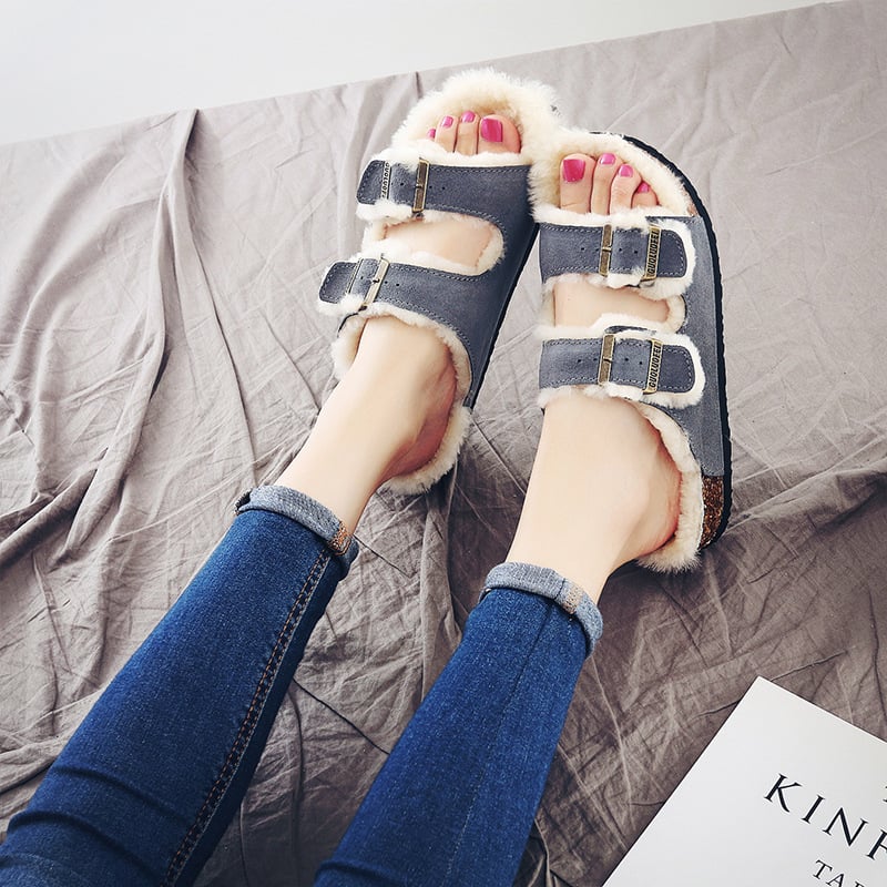 Papuci de Cork pentru femei, căptușiți cu lână artificială, talpă EVA, partea superioară Ox Velvet, ușoare, antiderapante