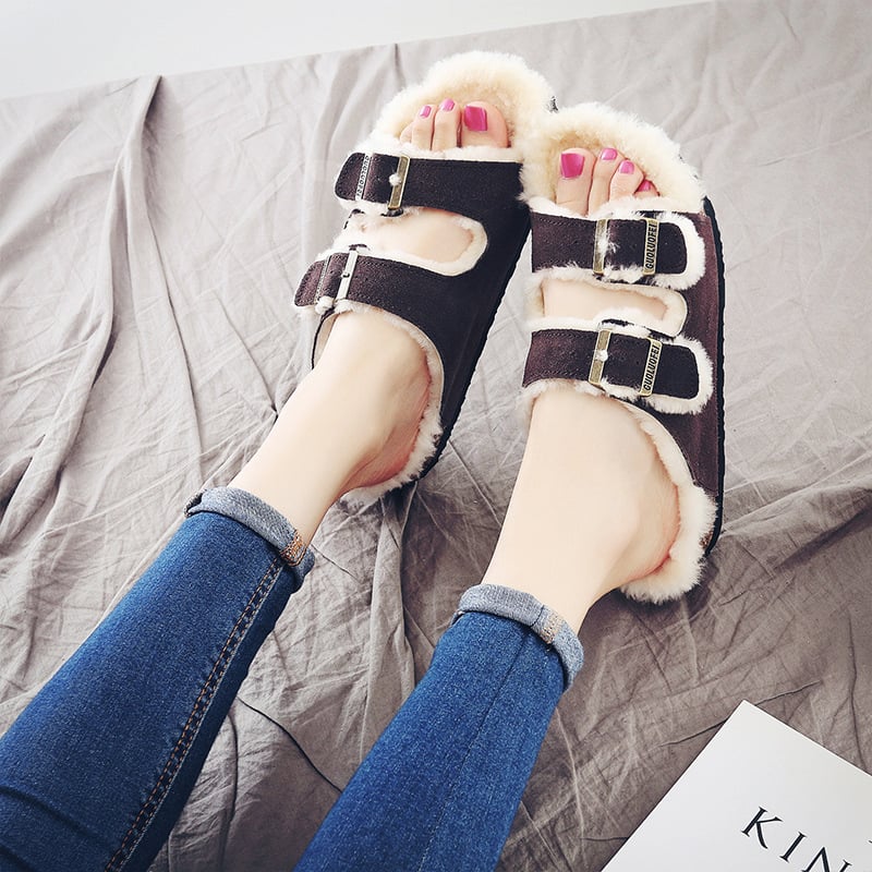 Papuci de Cork pentru femei, căptușiți cu lână artificială, talpă EVA, partea superioară Ox Velvet, ușoare, antiderapante