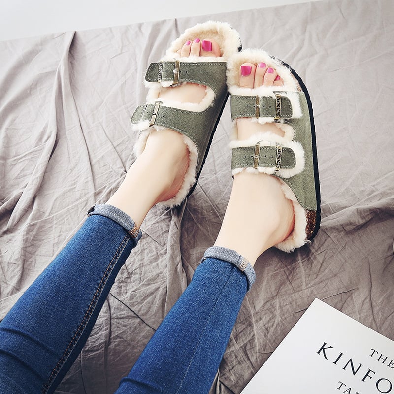 Papuci de Cork pentru femei, căptușiți cu lână artificială, talpă EVA, partea superioară Ox Velvet, ușoare, antiderapante