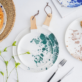 Farfurie de cină din porțelan cu model de pictură în cerneală, rotundă, suprafață glazurată, potrivită pentru hoteluri și mese