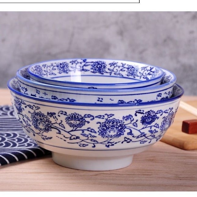 Porcelanska okrugla zdjela za rezance s cvjetnim uzorkom ispod glazure, mikrovalna kompatibilna