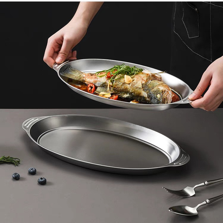Élelmiszer-minőségű 304 rozsdamentes acélból készült halas tál, két füllel, kerek, mikrohullámú sütőbe tehető, hópelyhes máz