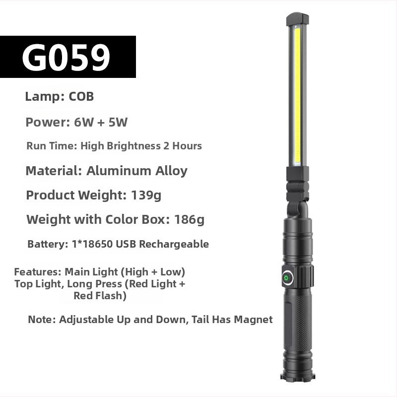 Leopard višenamjenska, ponovno punjiva COB LED svjetiljka s magnetskom bazom — 6W, 2200mAh, 360° rotacija, uključen punjač