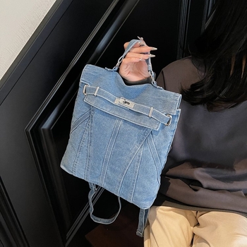 Denim ruksak s vintage izgledom, studentska putna torba, nosi se ručno ili crossbody (Materijal: Denim • Ljeto 2025 • Podstava: Poliester • Način otvaranja: Pokriveno • Otporan na habanje)