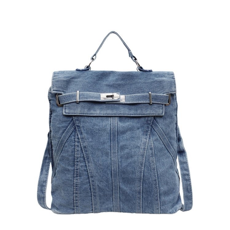 Denim ruksak s vintage izgledom, studentska putna torba, nosi se ručno ili crossbody (Materijal: Denim • Ljeto 2025 • Podstava: Poliester • Način otvaranja: Pokriveno • Otporan na habanje)