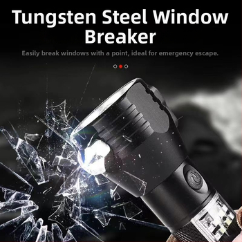 Automobilski sigurnosni čekić s LED svjetlom i razbijačem prozora, kućište od aluminijske legure, 5W LED, baterija 2000 mAh, ručna proizvodnja energije s mogućnošću punjenja, domet 200–500 m