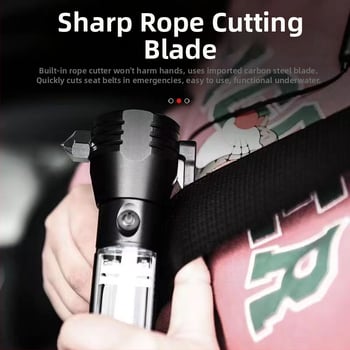 Automobilski sigurnosni čekić s LED svjetlom i razbijačem prozora, kućište od aluminijske legure, 5W LED, baterija 2000 mAh, ručna proizvodnja energije s mogućnošću punjenja, domet 200–500 m