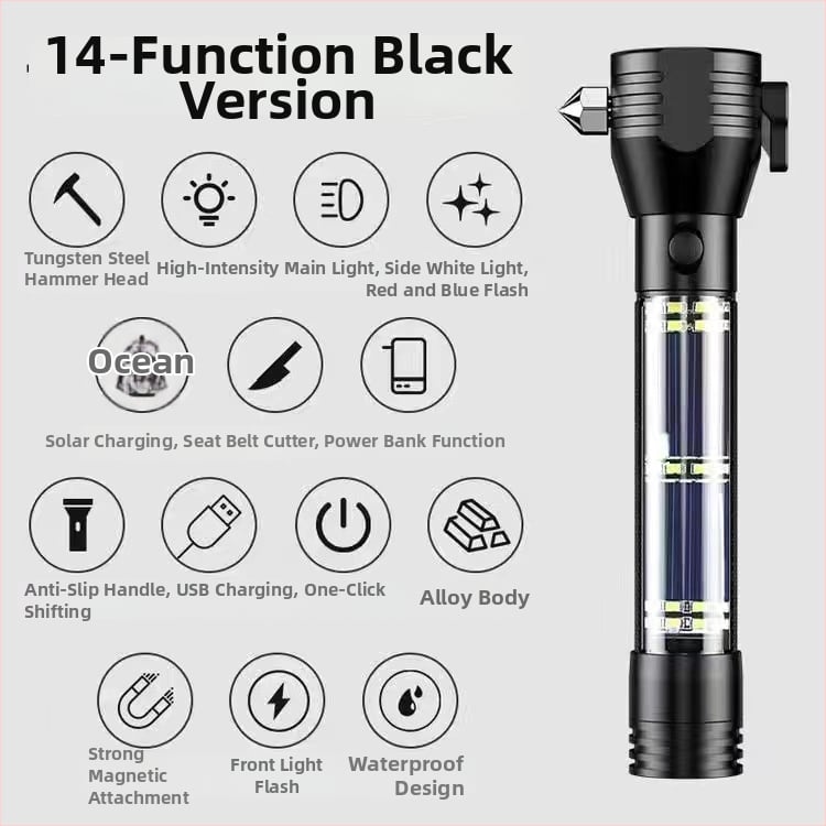 Automobilski sigurnosni čekić s LED svjetlom i razbijačem prozora, kućište od aluminijske legure, 5W LED, baterija 2000 mAh, ručna proizvodnja energije s mogućnošću punjenja, domet 200–500 m