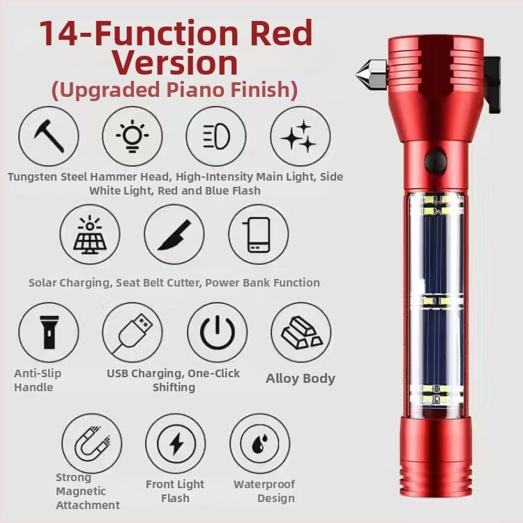 Automobilski sigurnosni čekić s LED svjetlom i razbijačem prozora, kućište od aluminijske legure, 5W LED, baterija 2000 mAh, ručna proizvodnja energije s mogućnošću punjenja, domet 200–500 m