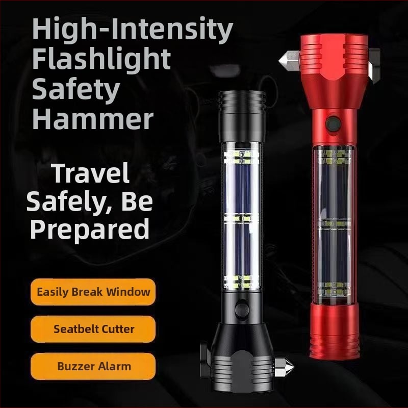 Automobilski sigurnosni čekić s LED svjetlom i razbijačem prozora, kućište od aluminijske legure, 5W LED, baterija 2000 mAh, ručna proizvodnja energije s mogućnošću punjenja, domet 200–500 m