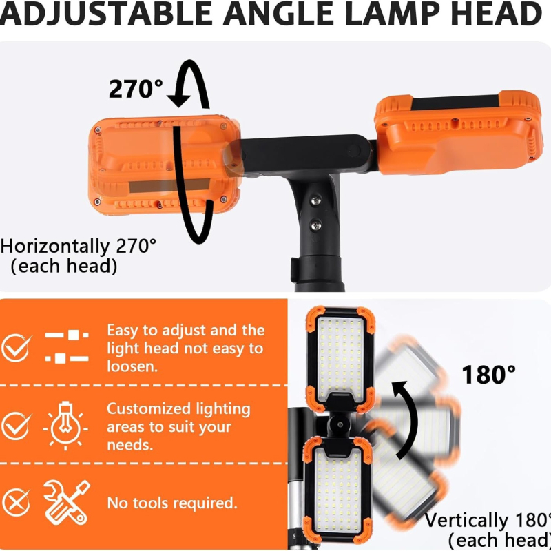 Преносима работна лампа на трипод, вертикална, SMD LED източник, 8000 lm, 20W, 5V, PA66+алуминиев корпус