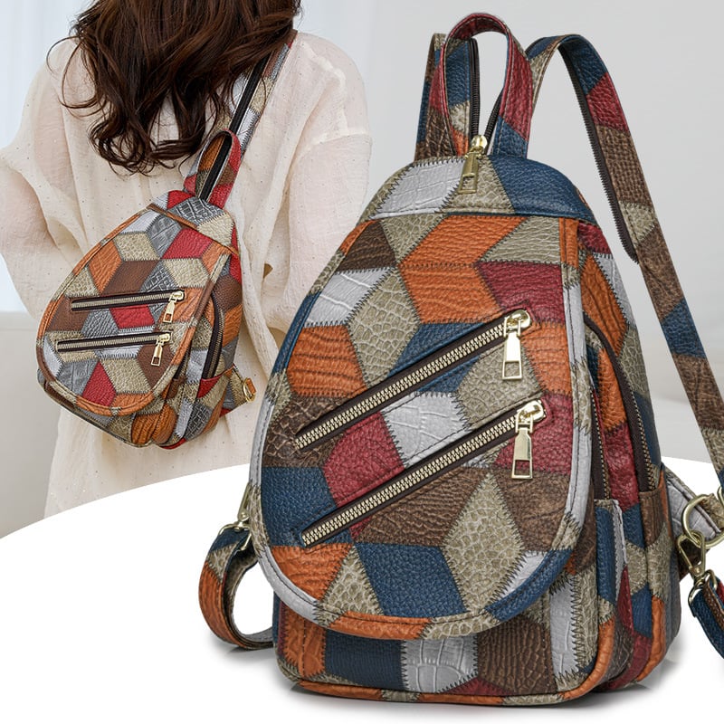 Rucsac de damă din PU, stil etnic, multifuncțional, închidere cu fermoar, exterior tridimensional, buzunare interioare: buzunar cu fermoar, buzunar pentru telefon, buzunar ID, rezistent la apă, antifurt, capacitate mare pentru utilizare zilnică și călători