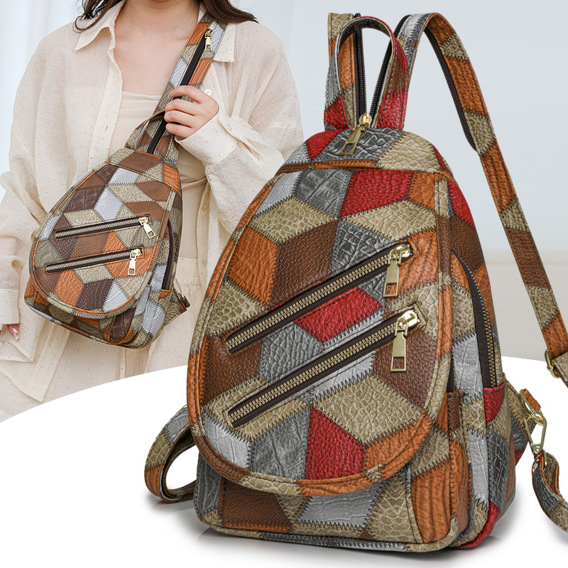 Rucsac de damă din PU, stil etnic, multifuncțional, închidere cu fermoar, exterior tridimensional, buzunare interioare: buzunar cu fermoar, buzunar pentru telefon, buzunar ID, rezistent la apă, antifurt, capacitate mare pentru utilizare zilnică și călători