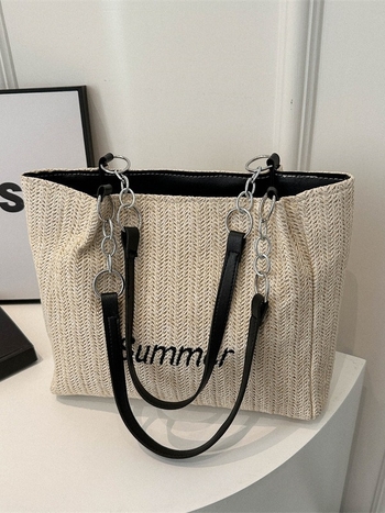 Taška Tote – Štýl: Mestská jednoduchosť; Materiál: Slama; Model: Tote; Otvorenie: Zips; Podšívka: Polyester-bavlna
