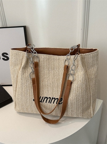 Taška Tote – Štýl: Mestská jednoduchosť; Materiál: Slama; Model: Tote; Otvorenie: Zips; Podšívka: Polyester-bavlna