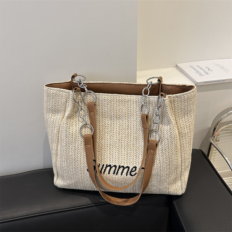 Taška Tote – Štýl: Mestská jednoduchosť; Materiál: Slama; Model: Tote; Otvorenie: Zips; Podšívka: Polyester-bavlna