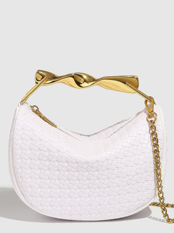 PU dumpling-stílusú crossbody táska láncos vállpánttal, szőtt textúrával, cipzáras nyitás, belső ID rekesz és laminált cipzáras rekesz, egy vállpánt