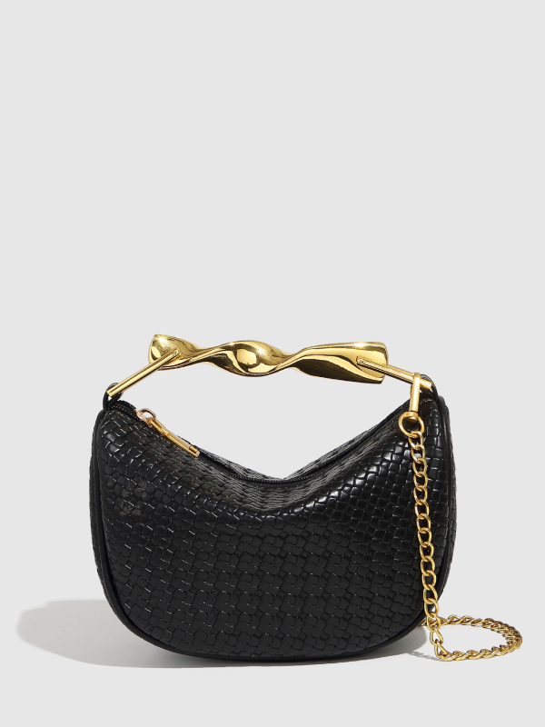 PU dumpling-stílusú crossbody táska láncos vállpánttal, szőtt textúrával, cipzáras nyitás, belső ID rekesz és laminált cipzáras rekesz, egy vállpánt