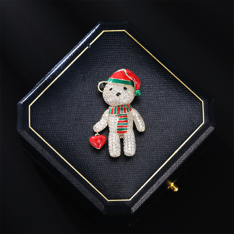 Bakrena broš u obliku medvjeda sa cirkon ugrađivanjem, božićni egzotični stil, za žene