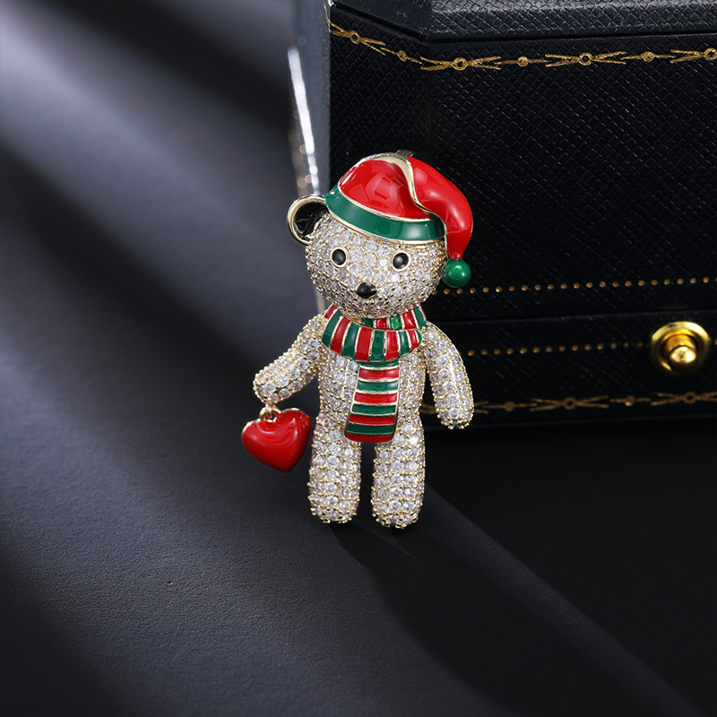 Bakrena broš u obliku medvjeda sa cirkon ugrađivanjem, božićni egzotični stil, za žene