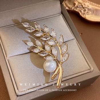 Broška s cirkonima u obliku pšenice, s postavljanjem bisera, za žene