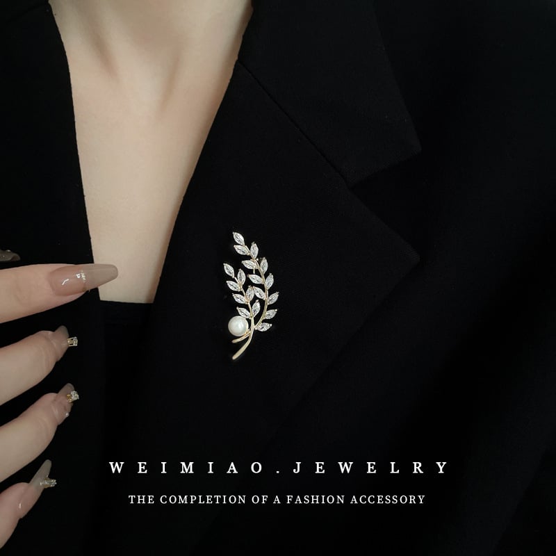 Broška s cirkonima u obliku pšenice, s postavljanjem bisera, za žene