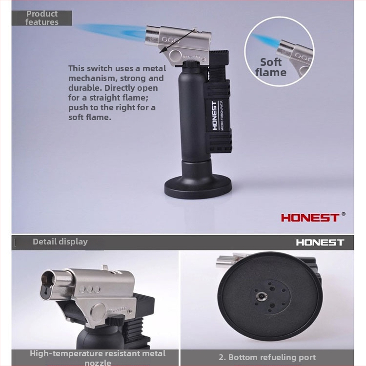 Nešiojamas butaninio dujinio degiklio degiklis tortų kepimui, juvelyrikai, akinėms ir dantų suvirinimui — maitinamas butanu, vėjo atsparus, iš lydinio + ABS plastiko, su apšvietimu, iki 500°C