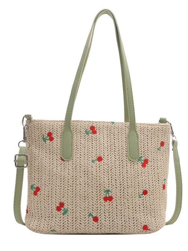 Pletena slamena crossbody torba, horizontalni kvadratni oblik, zatvaranje zipom, tri naramenice, otvoreni džep