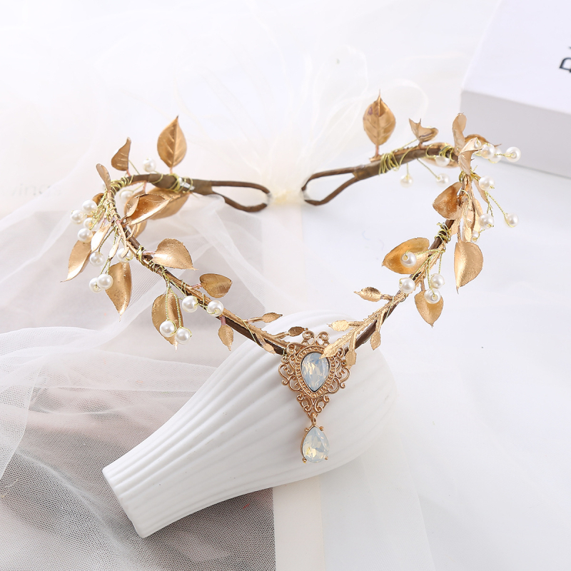 Κορδέλα μαλλιών με κρεμαστό φύλλου και μαργαριτάρια, χειροποίητο αξεσουάρ νύφης για γάμο