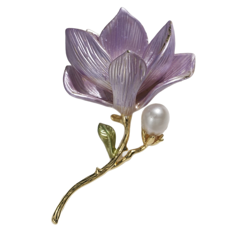 Broš Magnolija s emajlom i prirodnim biserima, cvjetovi i listovi posuti biserima, elegantan ženski dodatak