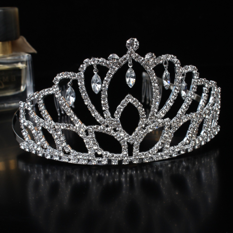 Украса за глава с корона – медни щипки и кристали; електроплатинация; бял кристал; стил Fashion OL, женски