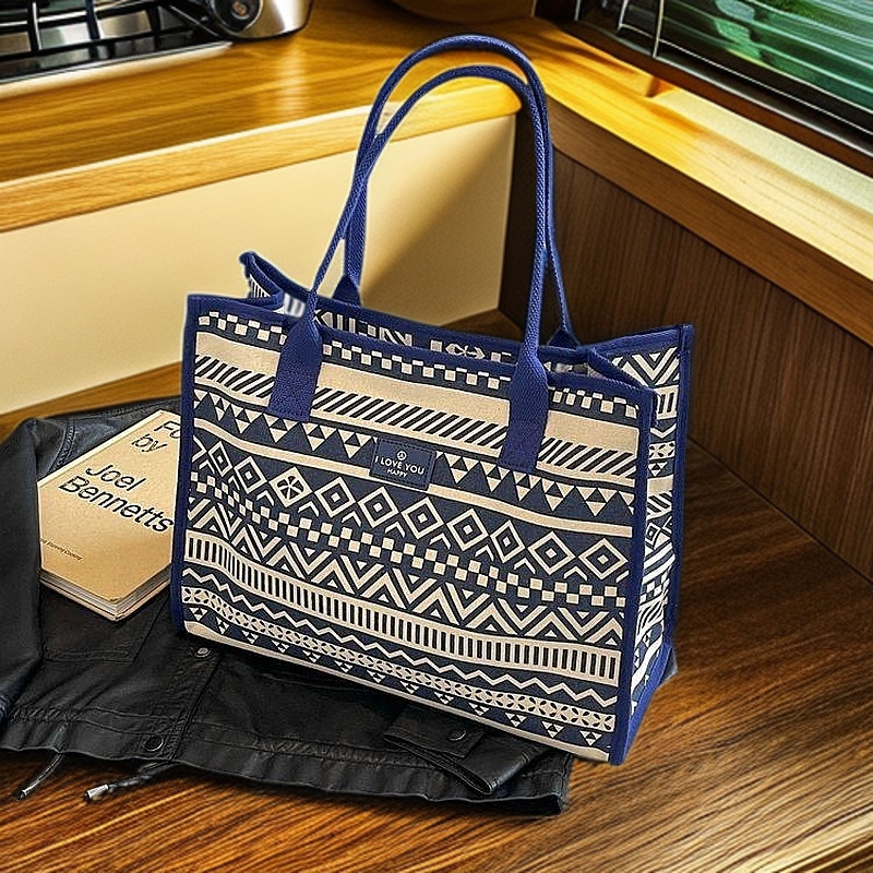 Geantă de damă cu model geometric; material din bumbac și in; formă orizontală pătrată; căptușeală din poliester; buzunare interioare: fermoar, buzunar pentru telefon, buzunar pentru buletin